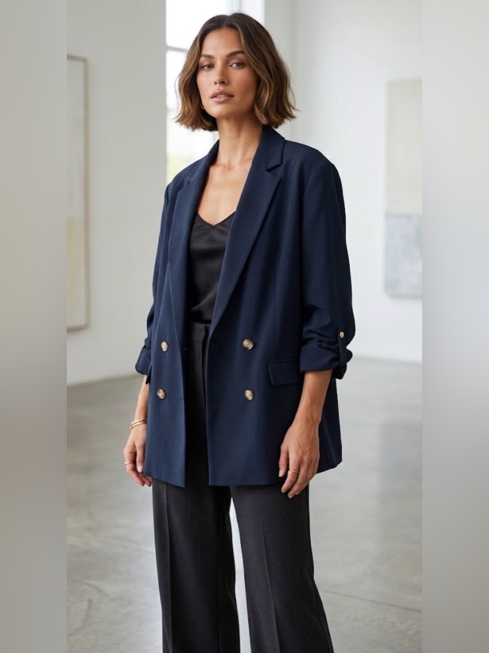 Anthropologie Cinched-Sleeve Double Breasted Blazer - Navy - Sz Large - NWT